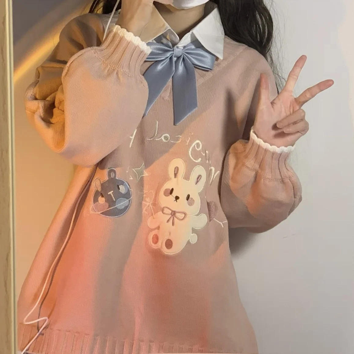 Japanese Kawaii Cute Rabbit Embroidery Sweater for Girls Pink V-neck Preppy Fashion Cartoon Oversized Jumper Casual Korean Style