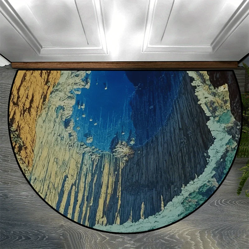 Abstract Ocean Cliff Landscape Half Circle Door Mat Artistic Non-Slip Entrance Rug for Coastal Home Decor