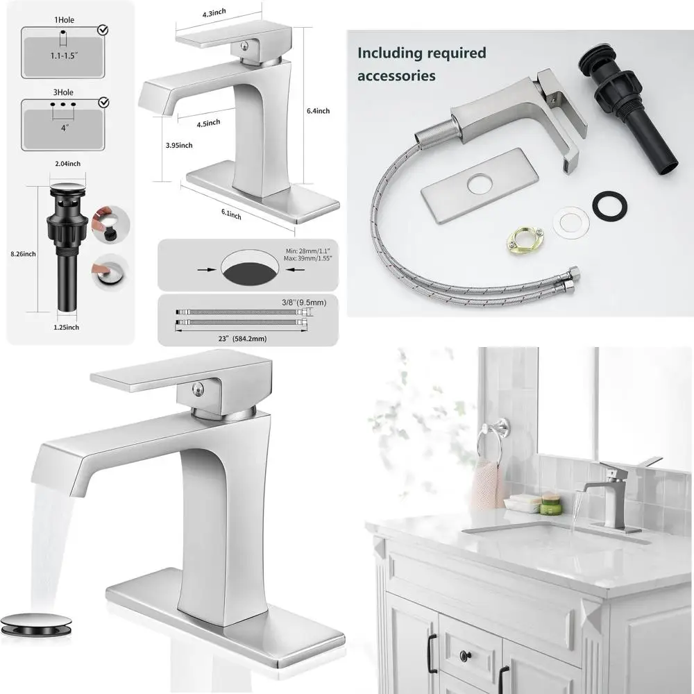 

Modern Brushed Nickel Single Hole Bathroom Sink Faucet with Pop-Up Drain, Suitable for RV and Vanity Use
