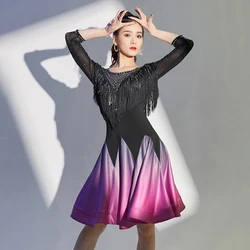 Competition One-Piece Latin Dance Dresses Women Salsa Samba Stretchy Dress Half Sleeves Girls Fringes Costume Satin Skirt