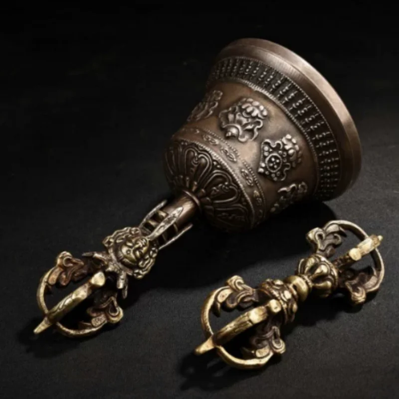Nepalese Five Strand Bronze Vajra & Bell Set - Tibetan Buddhist Ritual Dorje Antique Style Meditation Artifact & Zen Altar Decor