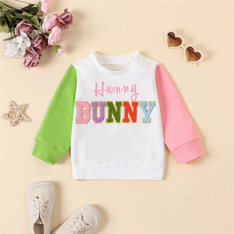 Toddler Girls Boys Sweatshirts Easter Clothes Fuzzy Letter Embroidery Contrast Color Long Sleeve Pullovers Baby Spring Tops