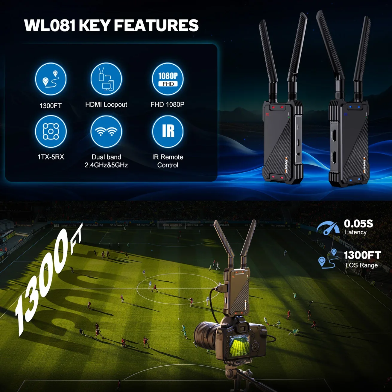 Extender HDMI Nirkabel Wifi 1300ft, Transmitter dan Receiver Video Dual HDMI untuk Laptop, PC, TV Box, Kamera ke TV Proyektor