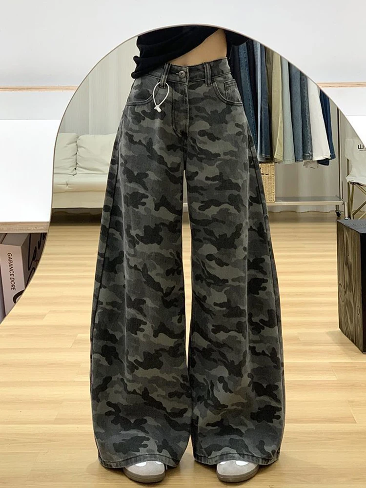 

American Sle Vintage Camouflage Wide Leg Jeans Women's Loose Drapey Slim Straight Floor-Length Pants High Waist Long Pants