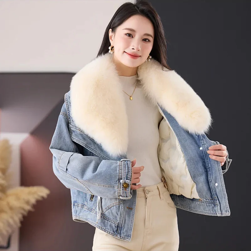 2023 Hot Sales New Fashion Denim Goose Down Big White Fox Fur Collar Detachable Goose Down Filling Lnner Lining High End Jacket