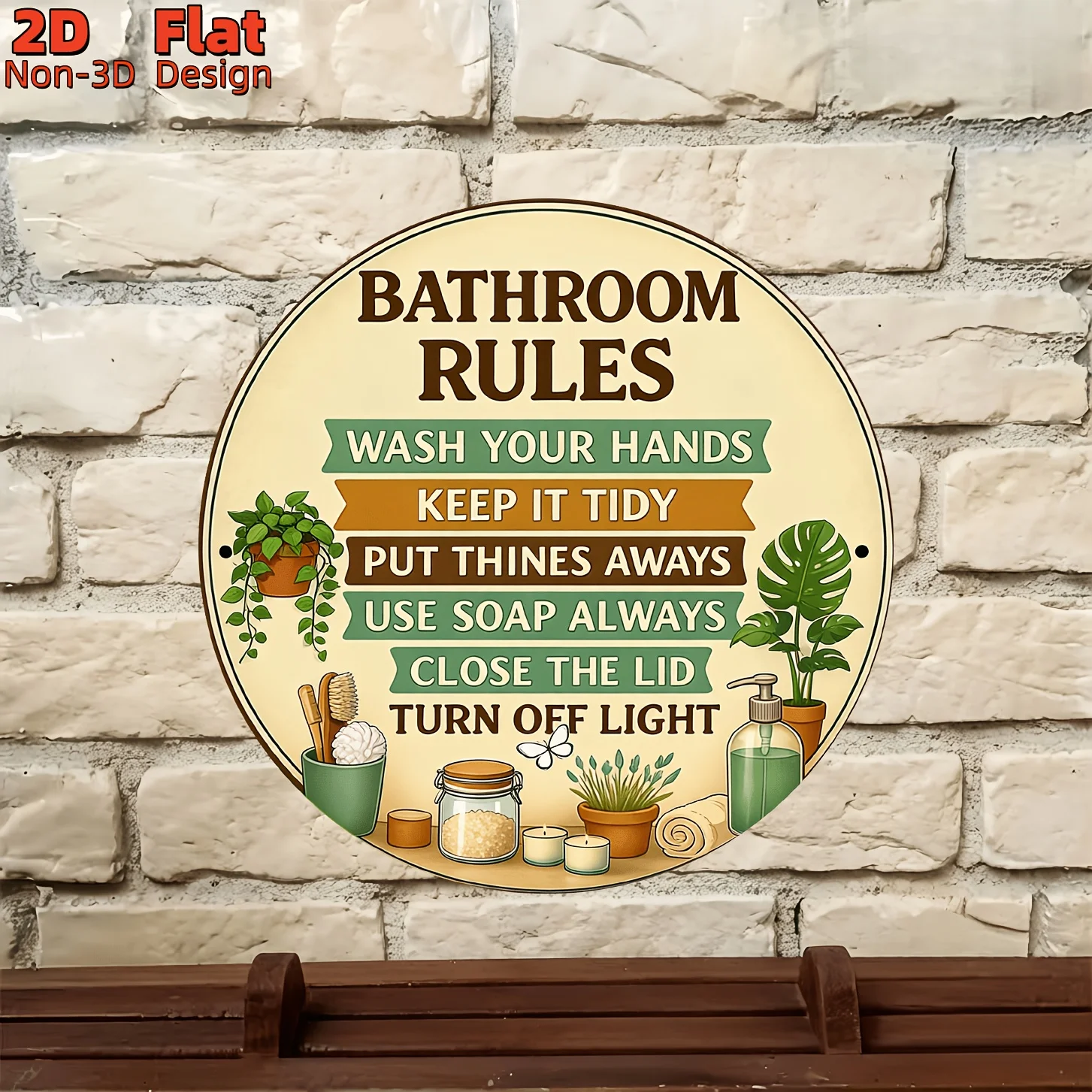 2D Flat, Round Wooden Bathroom Rules Sign with Green Plant & Toiletry Patterns - Artificial Suitable for Bathroom Wall Decor, Mu
