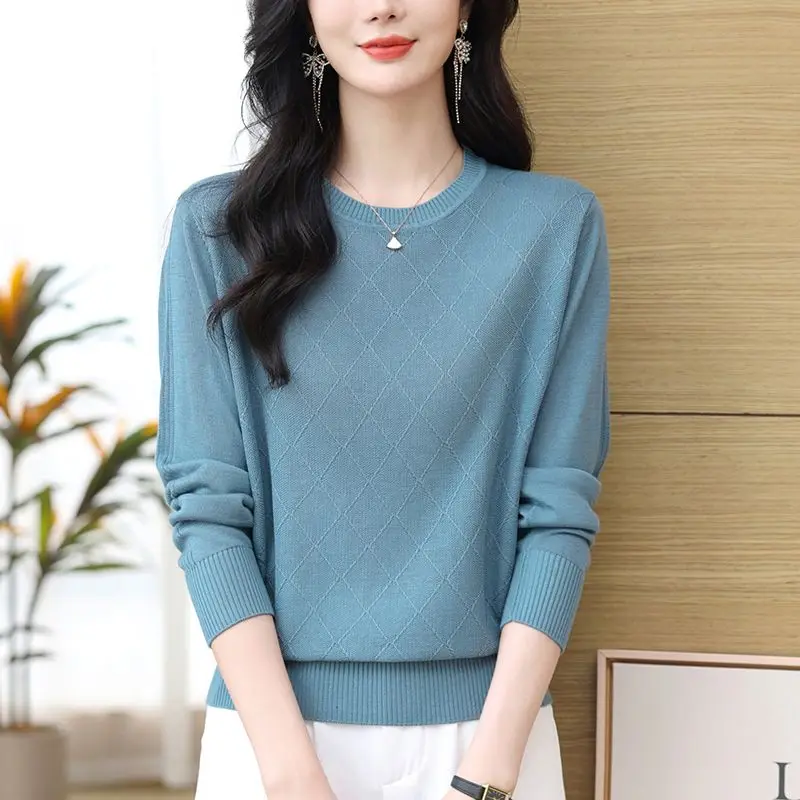 Spring Autumn Women's Clothing Solid Color Pullover Long Sleeve Round Neck Sweater Knitted Casual Loose Fashionable Rivet Tops