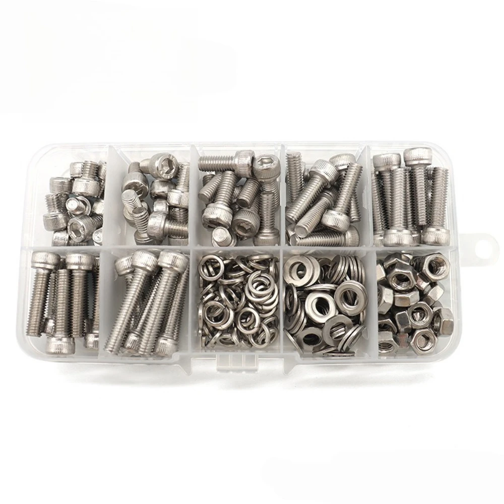 216 قطعة 304 مسدس من الفولاذ المقاوم للصدأ المقبس المسمار المكسرات مجموعة أسطواني رئيس الترباس المسمار الربيع غسالة شقة غسالة M5 الترباس