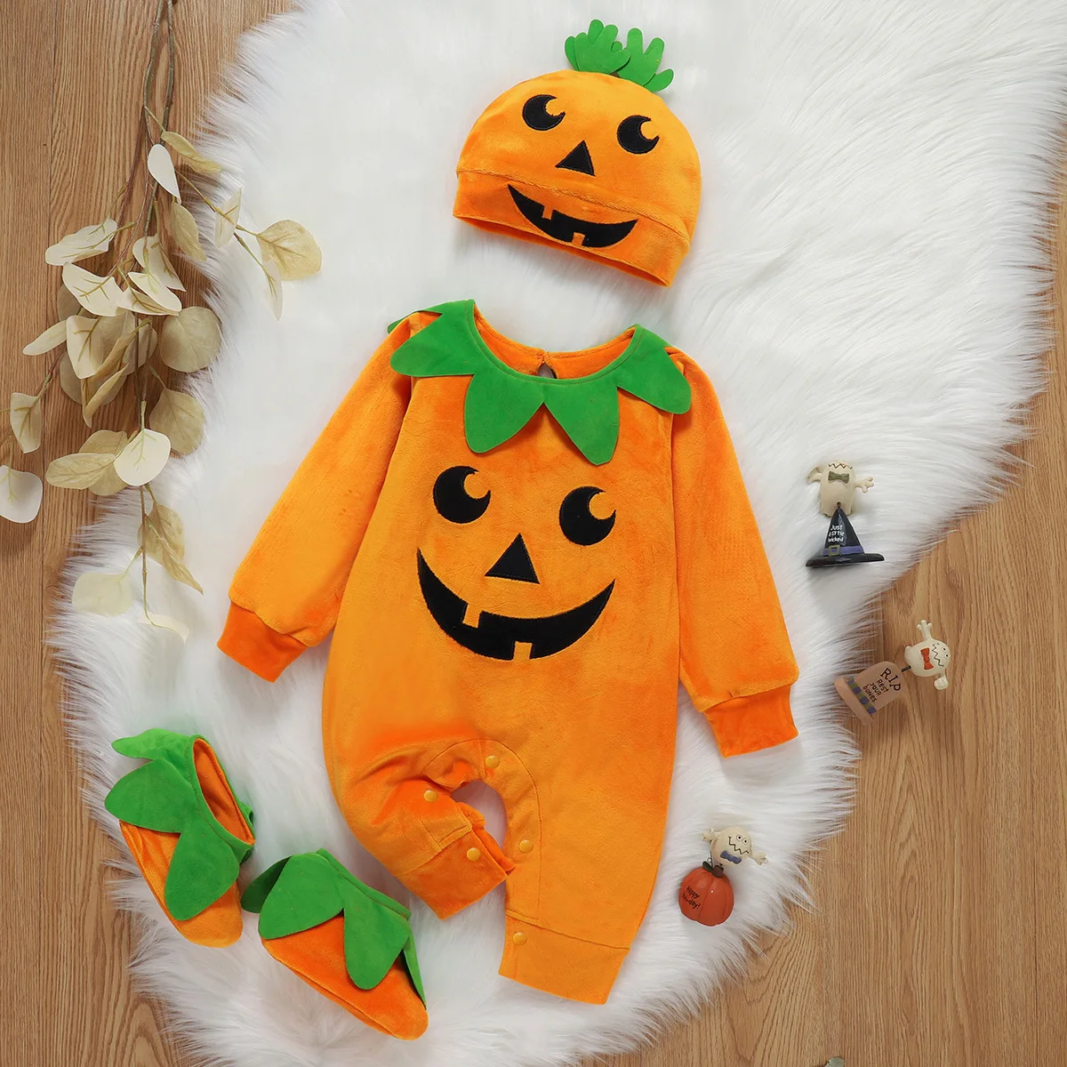 

2025 Halloween New Baby Onesie Casual Cute Printed Onesie Pumpkin Hat Long Sleeve Climbing Suit Three-piece Set