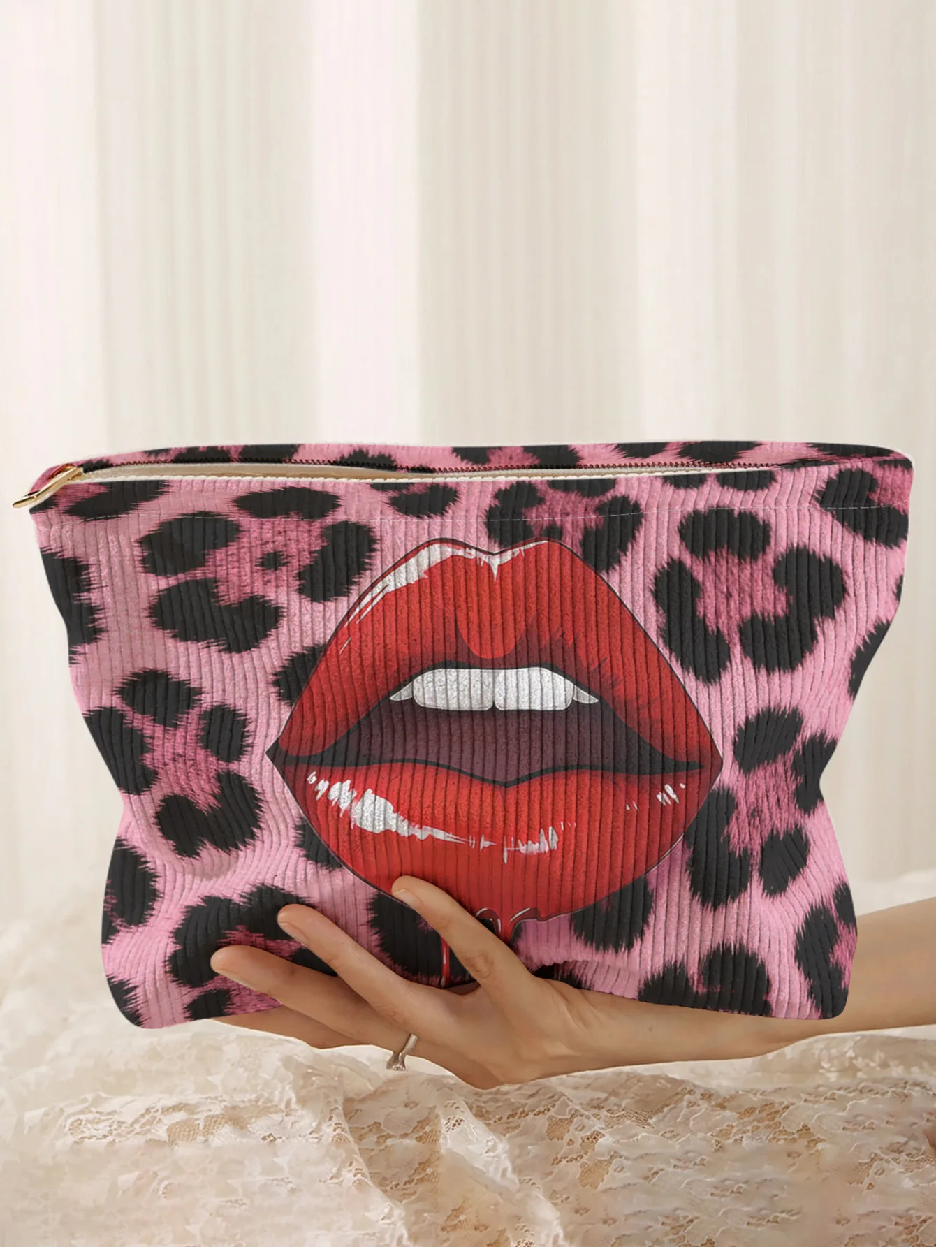 Pink leopard print red lips corduroy makeup bag, lightweight zipper pouch, multi-purpose lined cosmetic storage bag