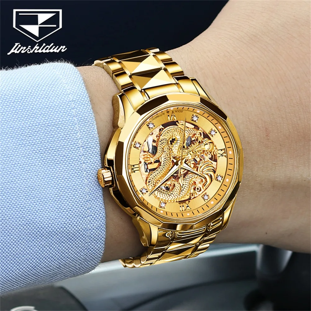 JSDUN 8840 Hollow Gold 3D Dragon Automatic Watch for Men Luxury Brand Tungsten steel Waterproof Manke Wristwatches Reloj Hombre