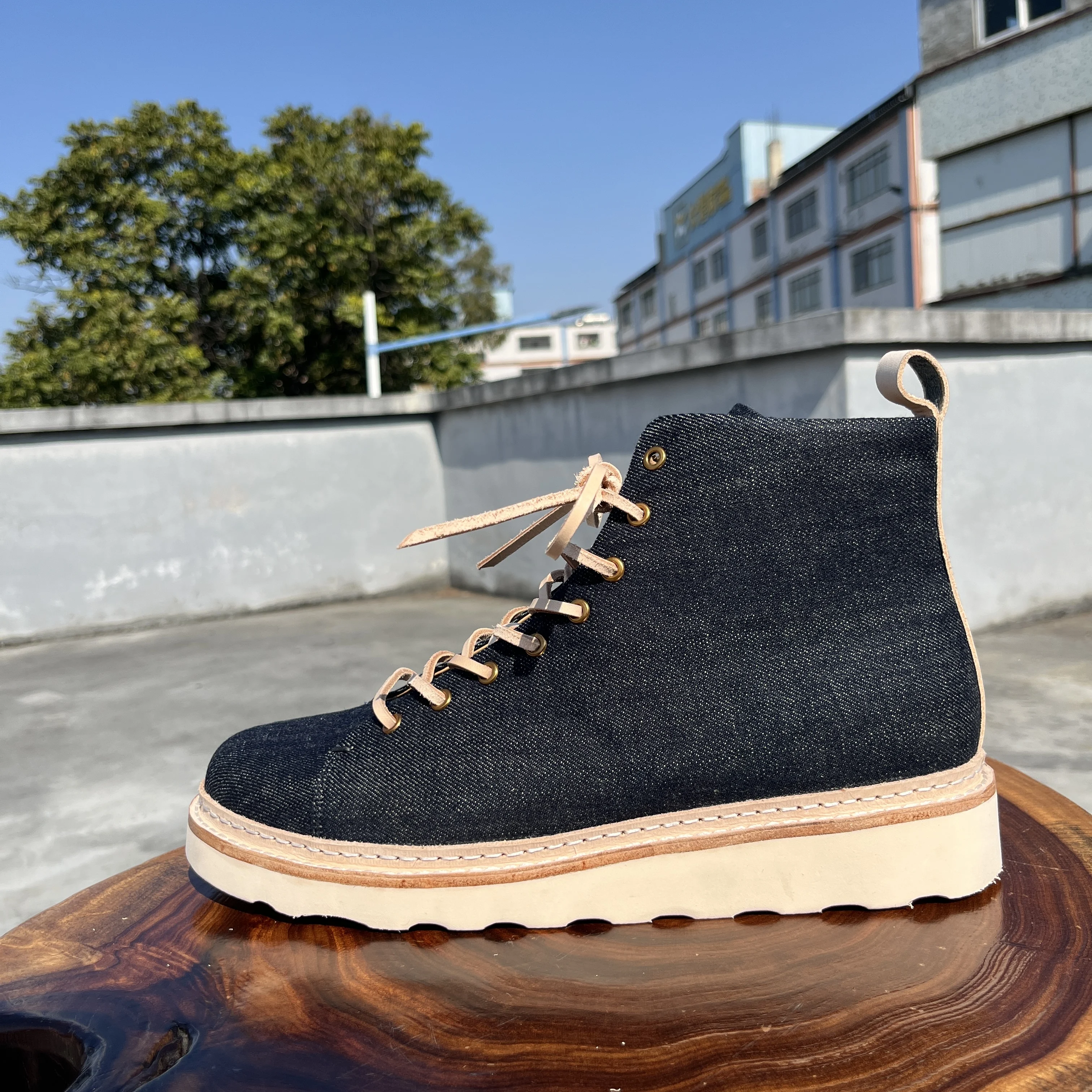 AL520 RockCanRoll Super Quality Raw Denim Fabric Genuine Italian Veg Tanned Cow Leather Handmade Goodyear Welted Boots