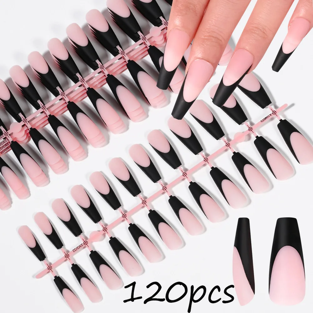 120 Pcs/Bag Pink/Black French Tips Press On Nails Bulk Frosted French Medium-Long Coffin False Nail Professi Extension Fake Nail