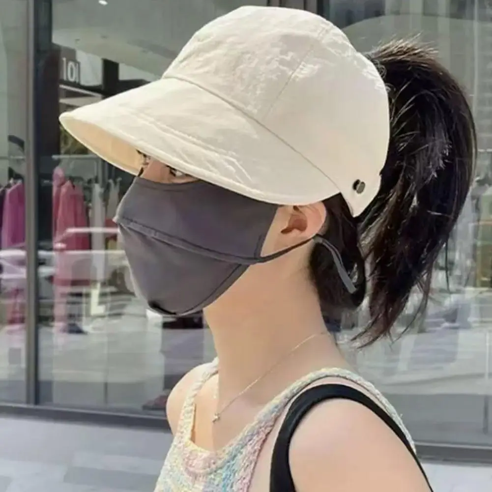 Women's Summer Sun Hat Adjustable Back Buckle Extended Brim Hollow Top Ponytail Hat UV Protection for Outdoor Activities