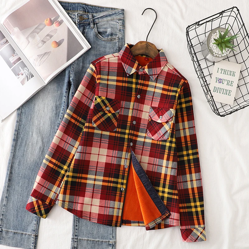 Casual Thick Fleece Shirt Style Jacket Women Winter Hot Warm Lady Plaid Coat Plus Velvet Tops Female Checkered Clothes Outerwear