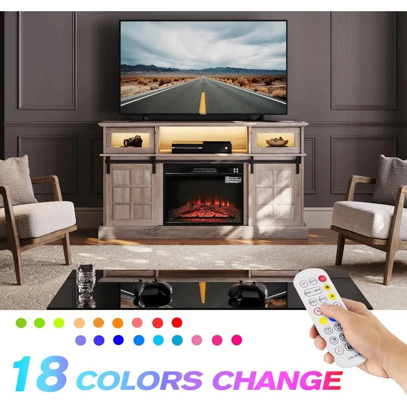 حامل تلفزيون LGHM LED Fireplace، مركز ترفيه لأجهزة التلفاز مقاس 65 بوصة، وحدة تحكم تلفزيون مع مدفأة كهربائية مقاس 23 بوصة، تلفزيون باب المزرعة