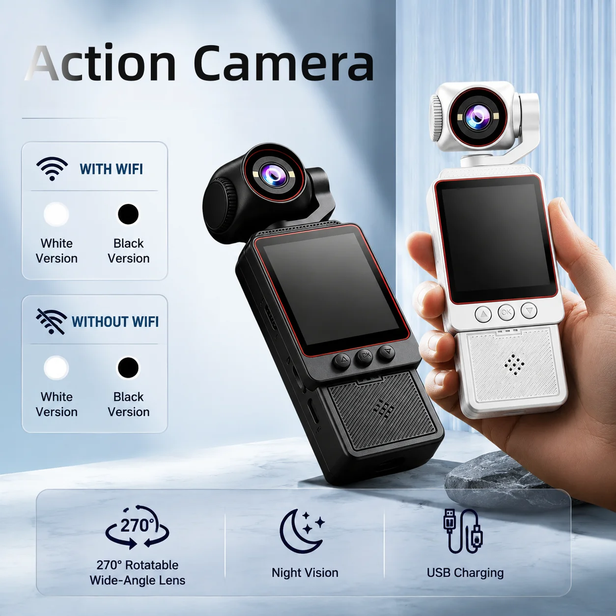 Handheld Sports Camera | 180° Rotatable Wide-Angle Lens, WiFi Instant Phone Sharing, 1000mAh Rechargeable Battery
