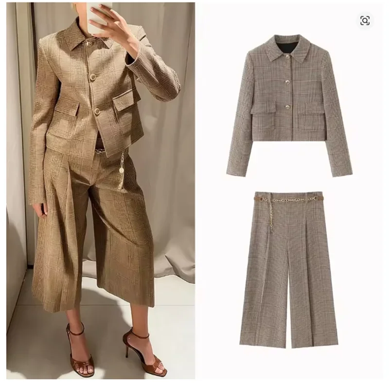 

Осенне-весенние офисные женские брюки, модный пиджак, пальто + клетчатые брюки с поясом, женский костюм, повседневный комплект из двух предметов, женская одежда