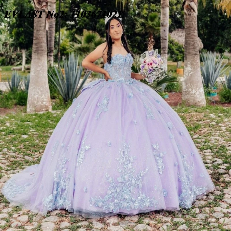 

EVLAST Customized Shiny Light Lilac Quinceanera Dress Ball Gown Floral Applique Beading Bow Sweet 16 Vestidos 15 Anos E2QA116