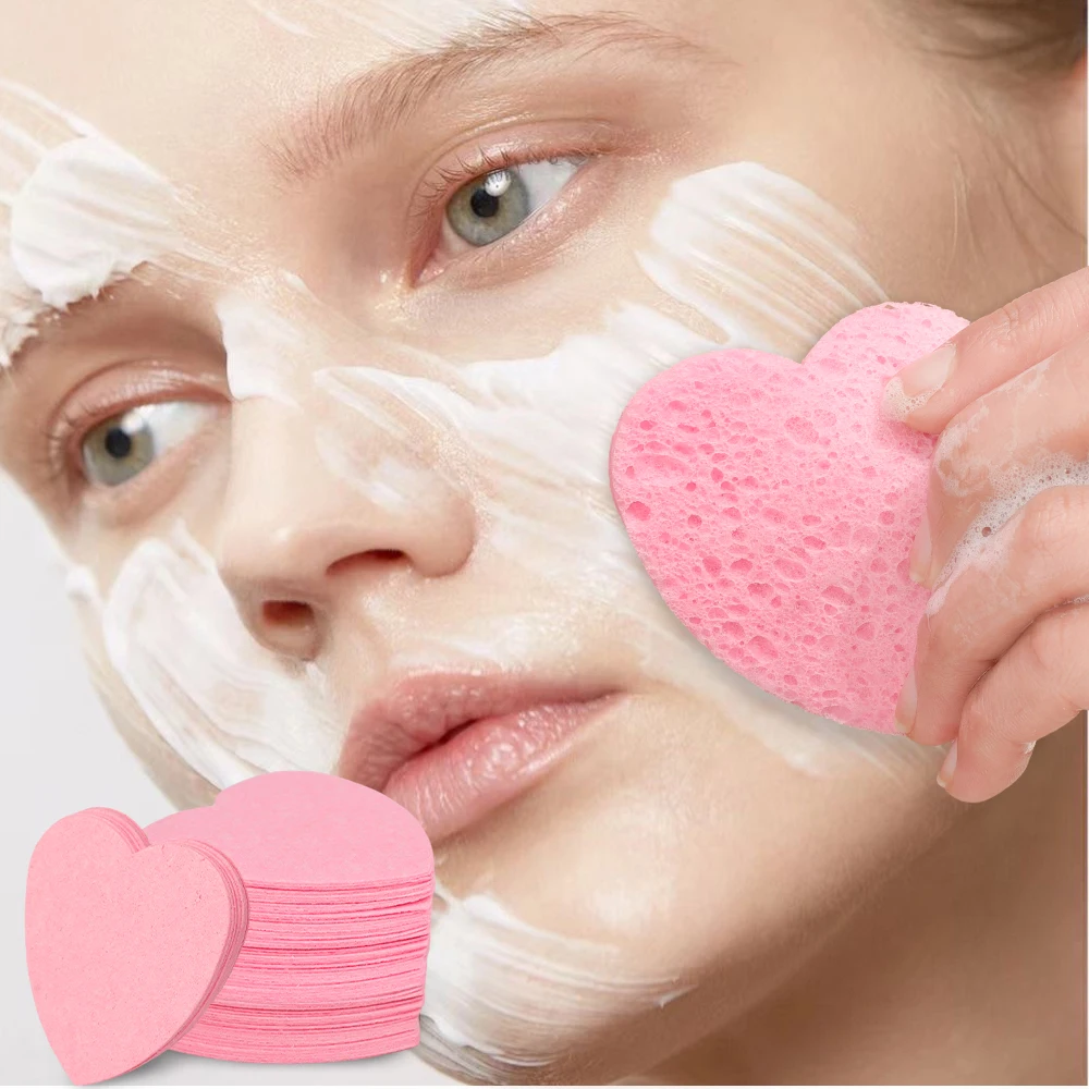 50 Stuks Hartvormige Gecomprimeerde Gezichtsreiniging Puffs Natuurlijke Gecomprimeerde Houtpulp Katoenen Puff Cosmetische Puff Gezicht Wassen Spons