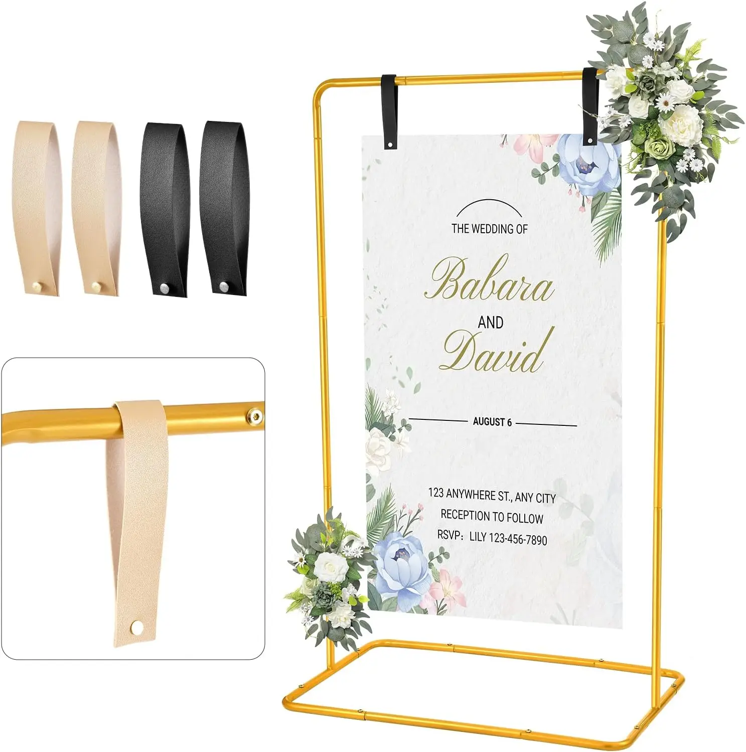 

Wedding Welcome Sign Holder Display Stand with Leather Sign Hanging Straps Gold Easel Personalized for Baby Shower Graduation