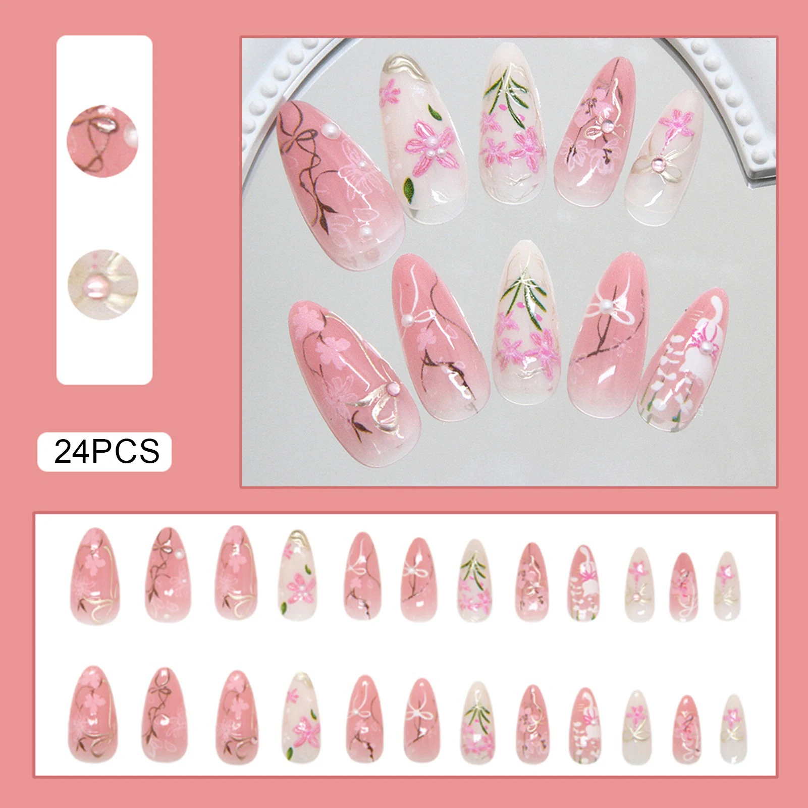 24 Stück bernsteinfarbene Rose-Kunstnägel zum Aufdrücken der Nägel mit Ölfarbe, Blumen-Designs, lange Mandel-elegante Sizzy-Herbst-Kunstnägel, tragbar