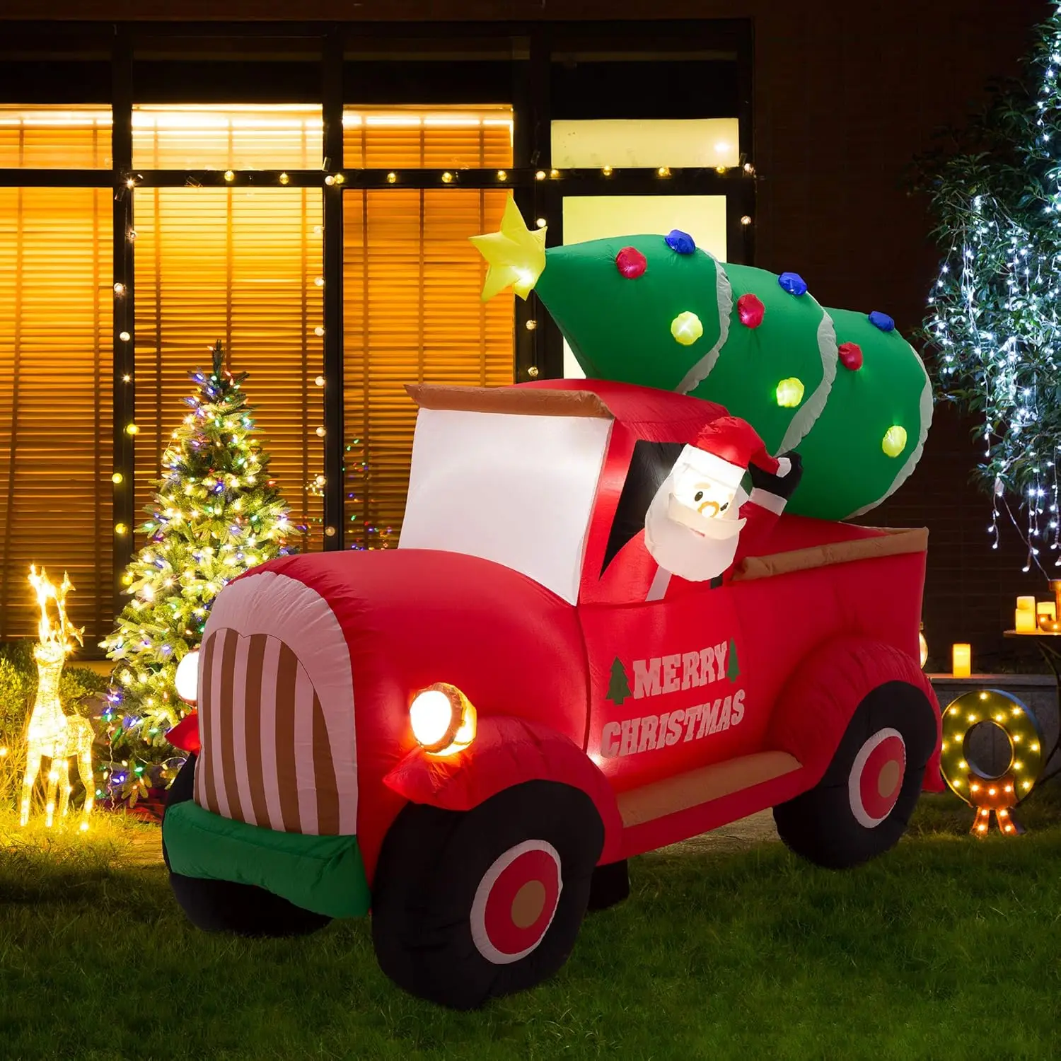 Christmas Inflatable Decoration 7 Feet Santa on Red Truck Built-in Lights Outdoor & Indoor Holiday Yard Decor  Festival