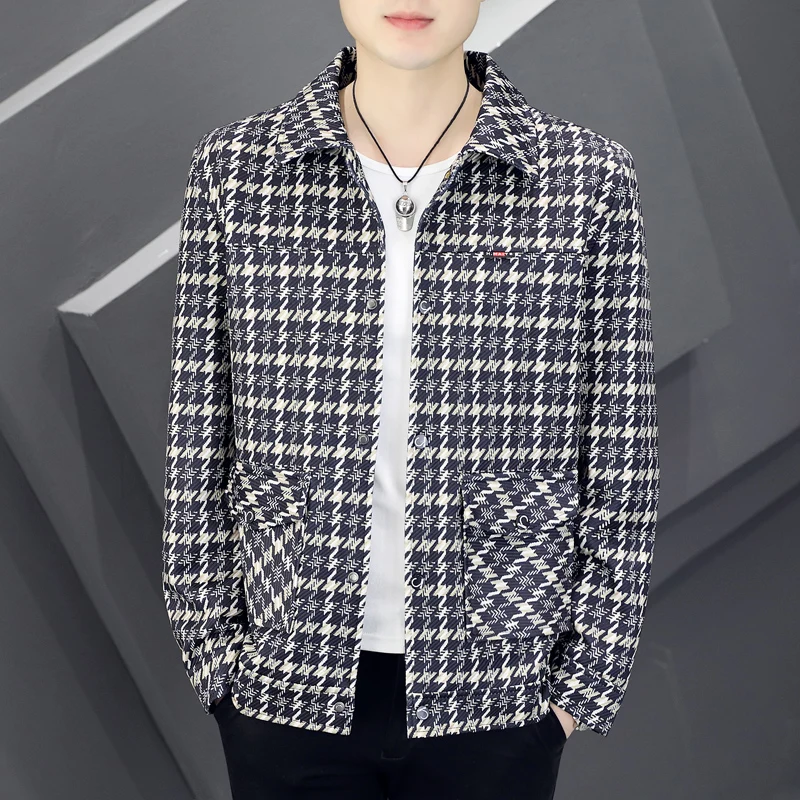 Casual Thin Collar Men's Jacket Spring Autumn 2023 Fashion Brand Check Pattern Youth Outerwear Standard Fit Long Sleeve