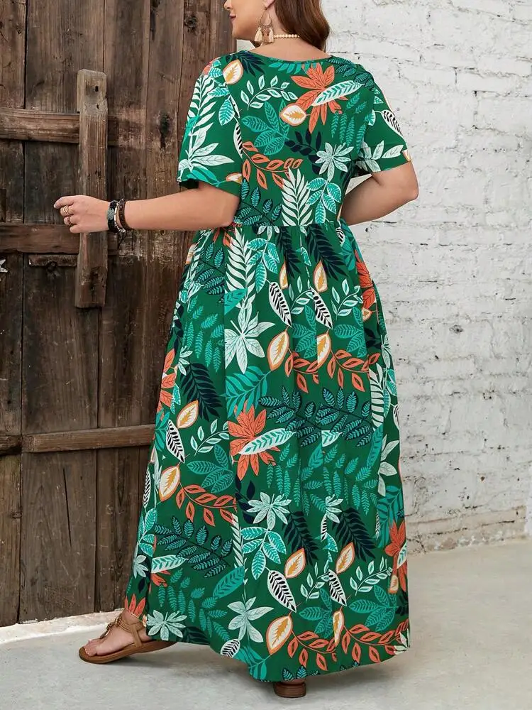 2024 Wiosna/Lato Nowa damska sukienka z nadrukiem, dekoltem w szpic, z krótkim rękawem, plus size, długa spódnica w dużych rozmiarach
