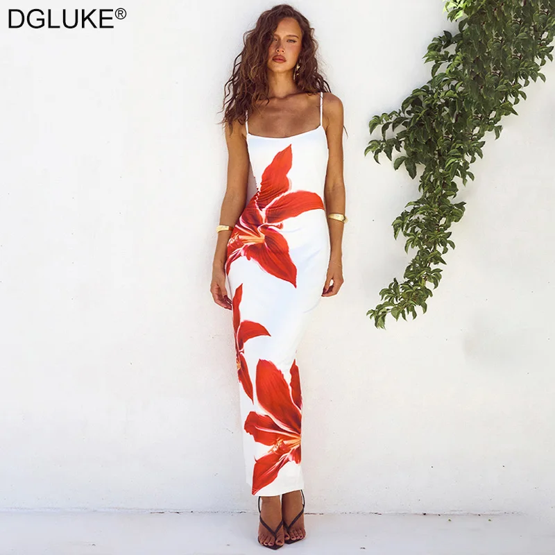 Sexy Floral Print Long Dresses For Women Fashion Boho Style Summer Dress 2024 Spaghetti Strap Maxi Beach Dress