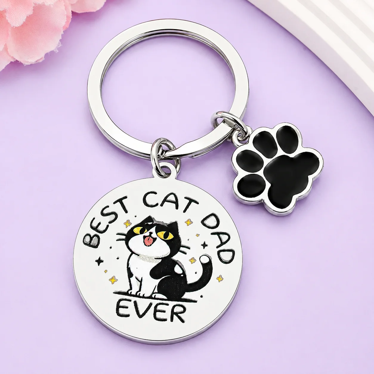 Best Cat Dad Ever Kitten Keychain Fathers Day Gift for Men, Kitty Themed Funny Present for Cat Daddy Kitten Owner Lover