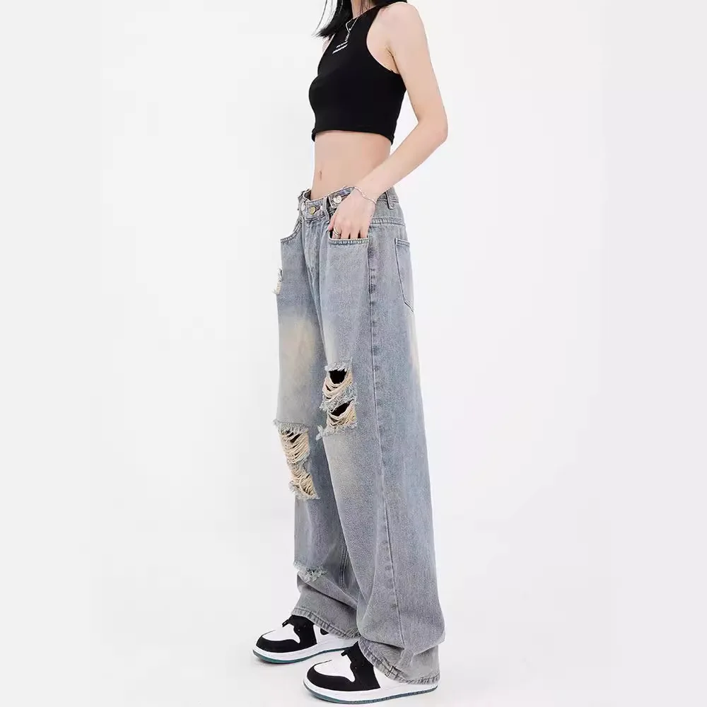 Denim Wide Leg Pants Women Floor Length Hole Jeans 2025 Streetwear Vintage Washed High Waist Distressed Straight Trousers