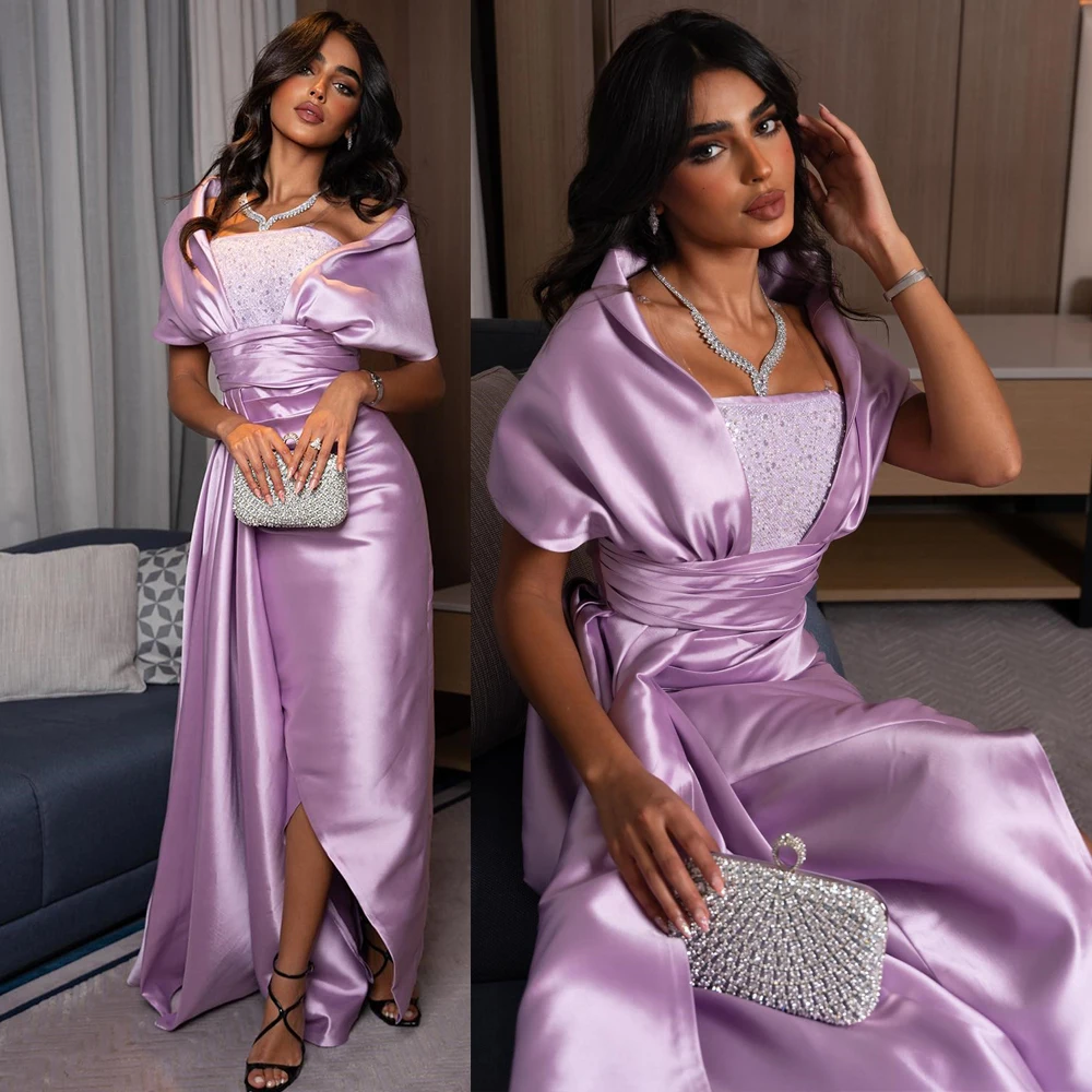 Customized Temperament Evening Party Dresses Satin High Slit Square Neck Sleeveless Sheath Prom Gown Muslim Skirt Платья На Торж