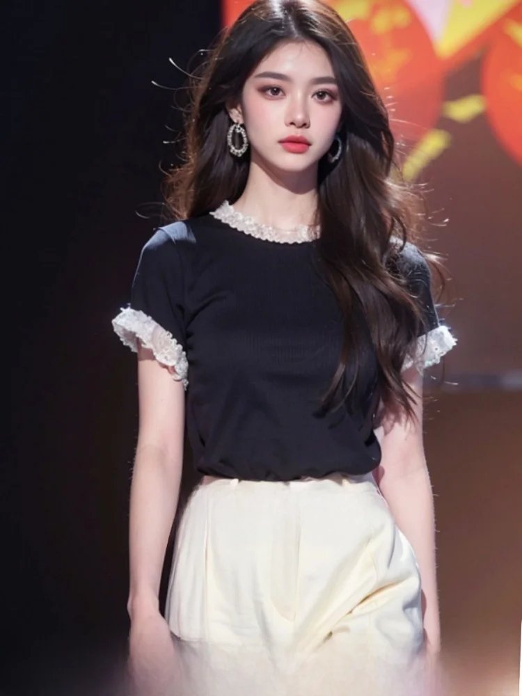 Bla camiseta de madeira feminina verão ort sve topo coreano sle corte reto cor pura commute faion sensação legal