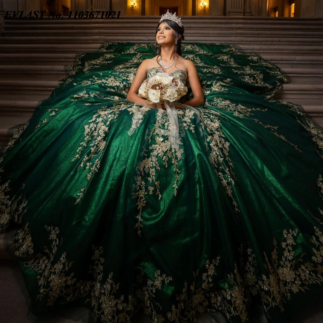 EVLAST Customized Emerald Green Ball Gown Quinceanera Dress Gold Lace Lace Applique Beads Corset Sweet 16 Vestidos De Anos SQ390