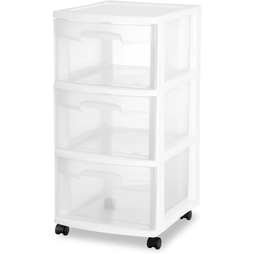 3 Drawer Storage Cart, Plastic Rolling Cart with Wheels to Organize Clothes in Bedroom, Closet, White with Clear Drawers, 4-Pack