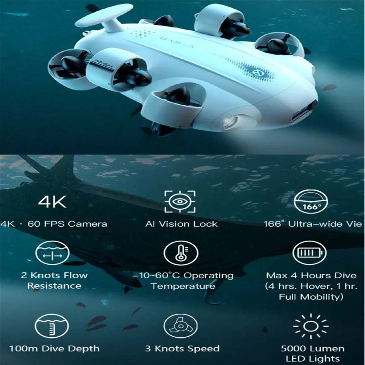 Camolech V-EVO 4K 360 Underwater Drone Sea Scooter For Diving Equipment 100m Depth AI Vision Lock OmniView Mobility