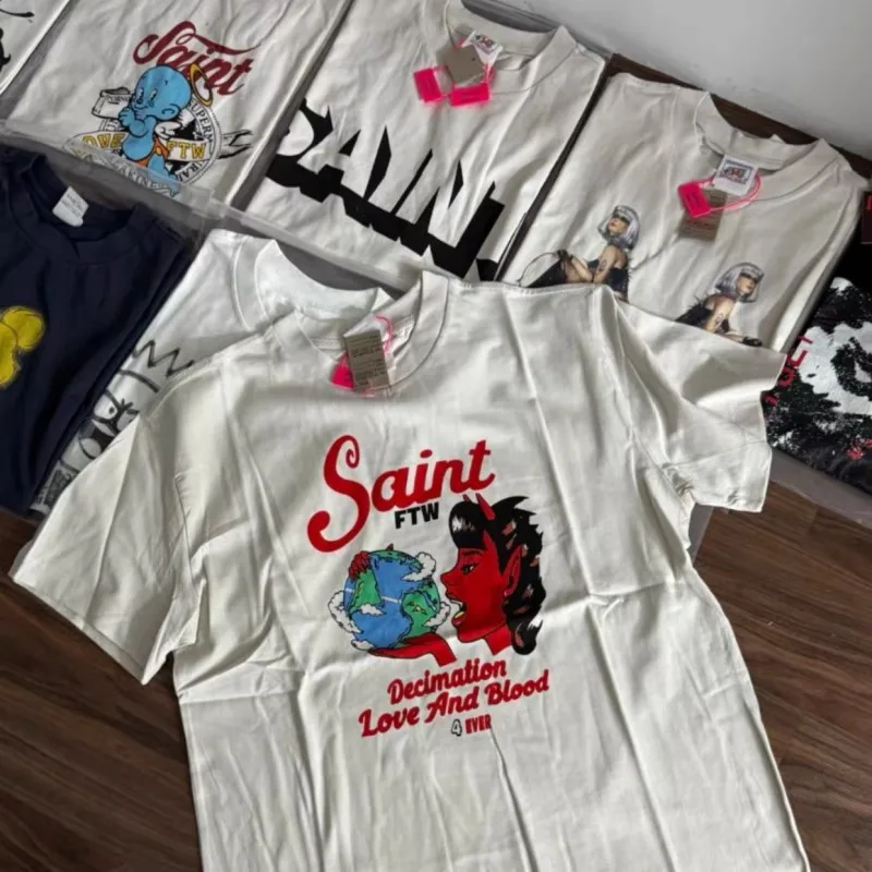 Cartoon Earth Devil Print Saint Tshirts Summer Street Outfit Men Women Cotton Roune Neck Short Sleeve Casual Washed White Tops