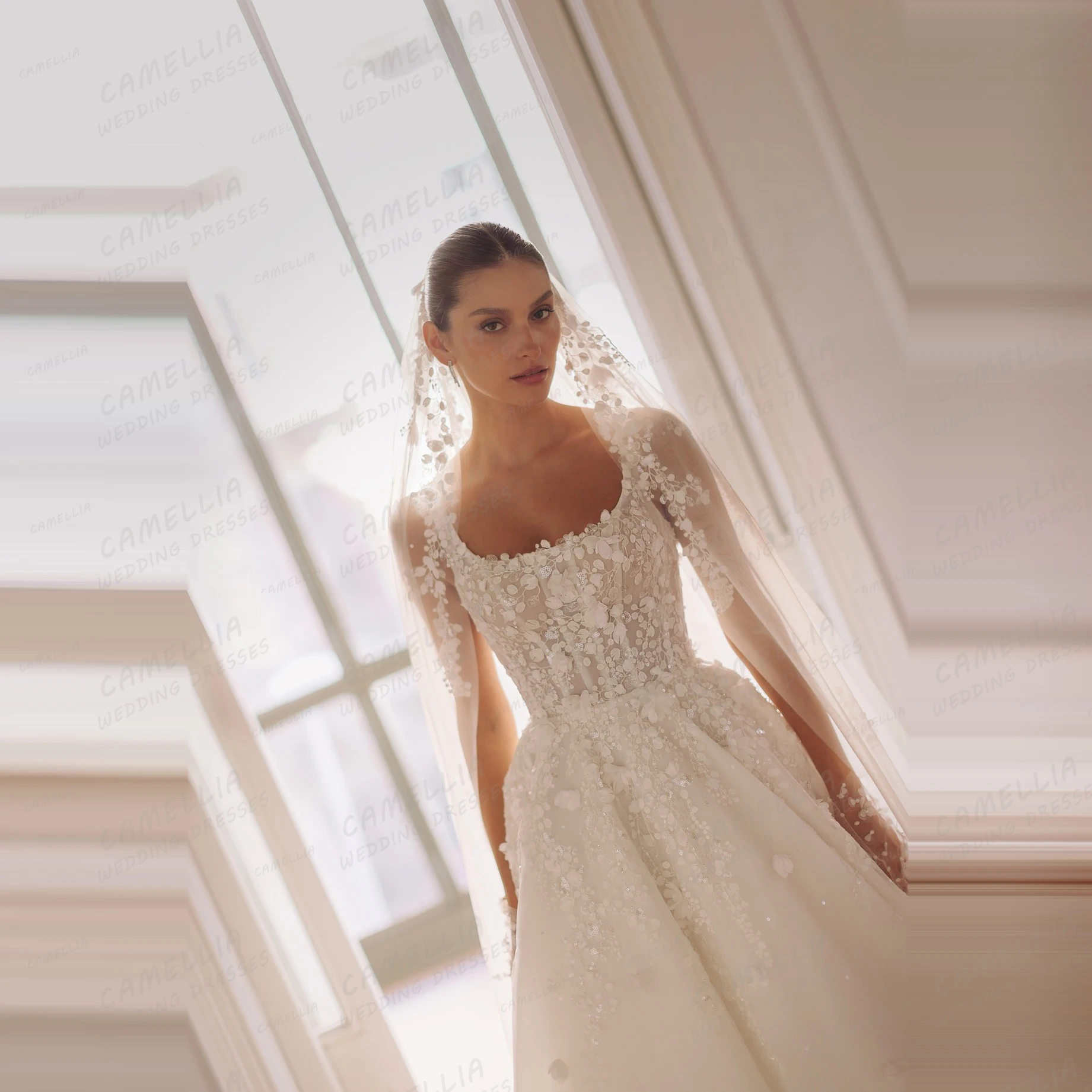 우아한 우아한 웨딩 드레스 여성 라인 긴 소매 아플리케 신부 가운 보트 넥 공식 베스 티드 드 노비아 맞춤형