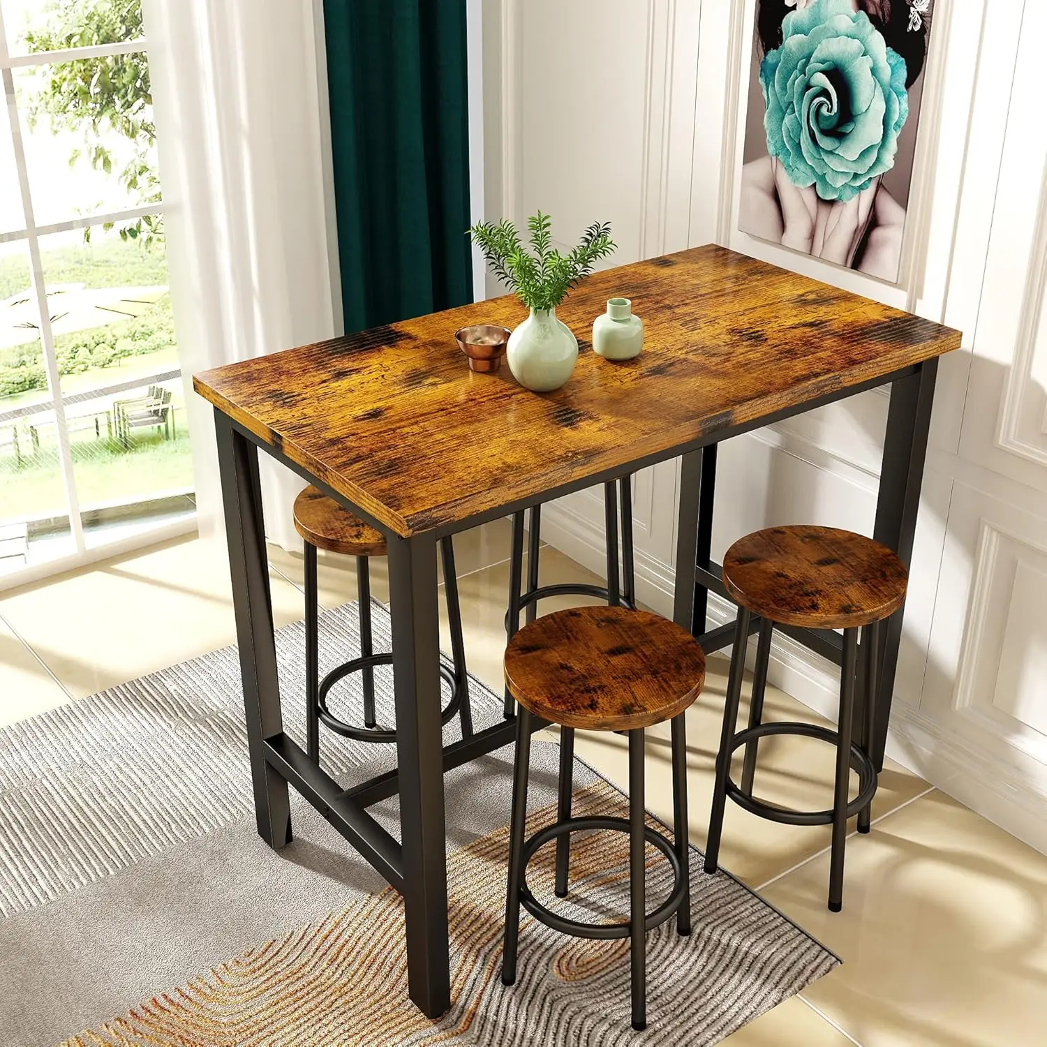 AWQM Dining Table Set for 4 Bar Table with Stools Industrial Counter Height Pub Table with 4 ChairsTable and Chairs Set Kitchen