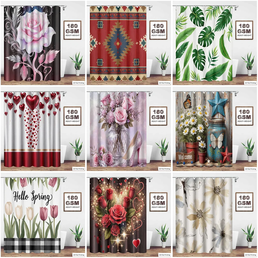 180GSM Heavyweight Waterproof Polyester Shower Curtain Rose Tulip Tropical Leaf Aztec Heart Farmhouse Spring Floral Print Bath