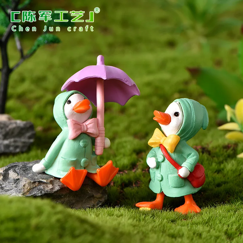 Umbrella Raincoat Cute Cartoon Duck Miniature Figurine Ornaments Yellow Ducklings Figurine Fairy Garden DIY Home Decor