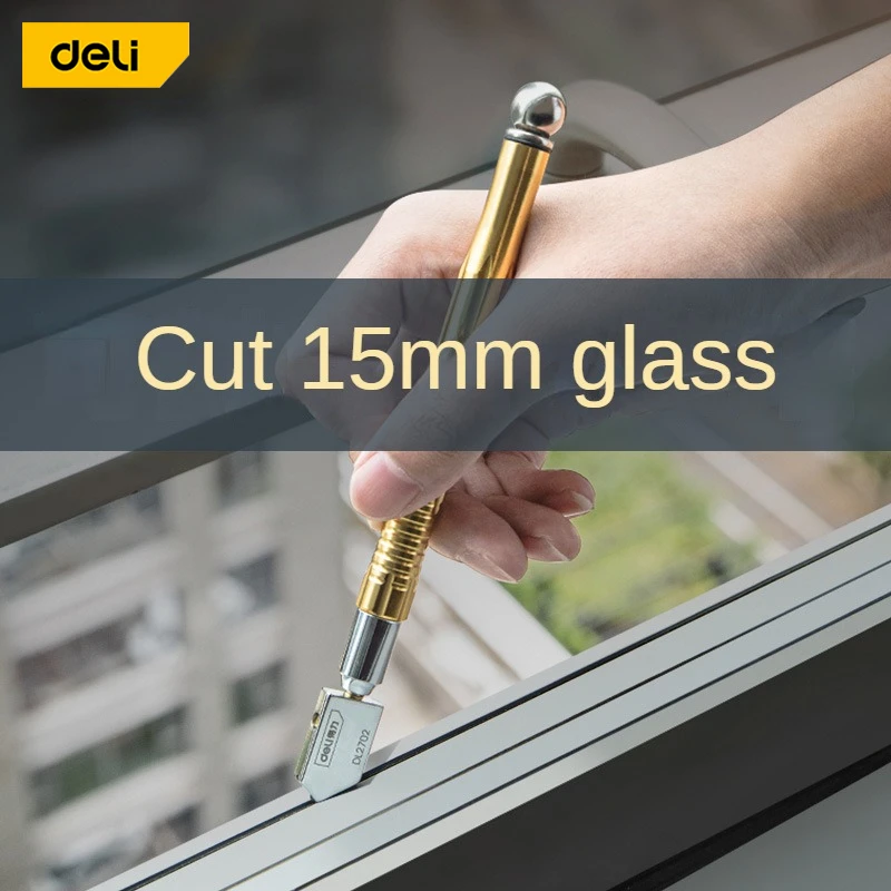 Deli Glass Cutter Diamond Tip Steel Blade Cutting Tool Oil Feed Glass Cutter Antislip Metal Handle 180mm For Glass Cutting