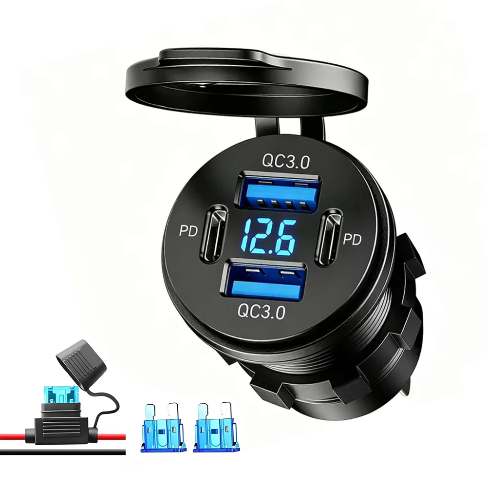 Tomacorriente USB de 12V con 4 Puertos, 78W, Doble PD30W y QC3.0, Cargador Rápido Impermeable con Voltímetro para Auto, RV, Barco, Camión, Autobús, Golf