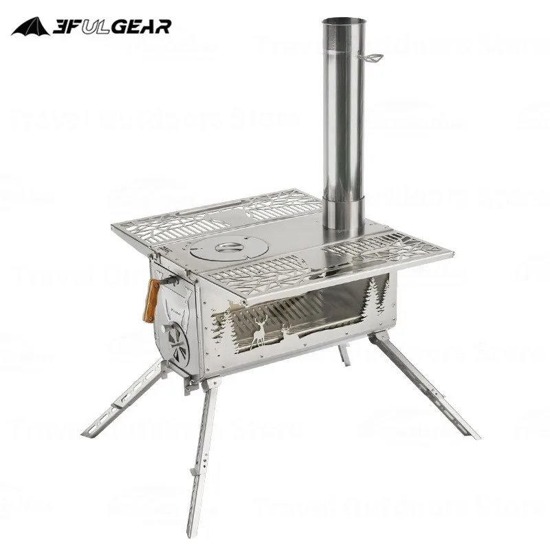 3F UL GEAR Outdoor Stove Portable Stainless Steel Firewood Furnace Boiling Water Camping Windproof Heating Stove With Chimney