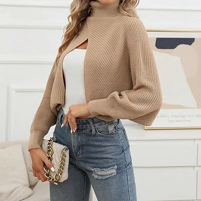 New Women\'s Sweater Shawl Style Casual Elegance Fashion Lantern Long Sleeved Shrugged High Neck Solid Color Knitted