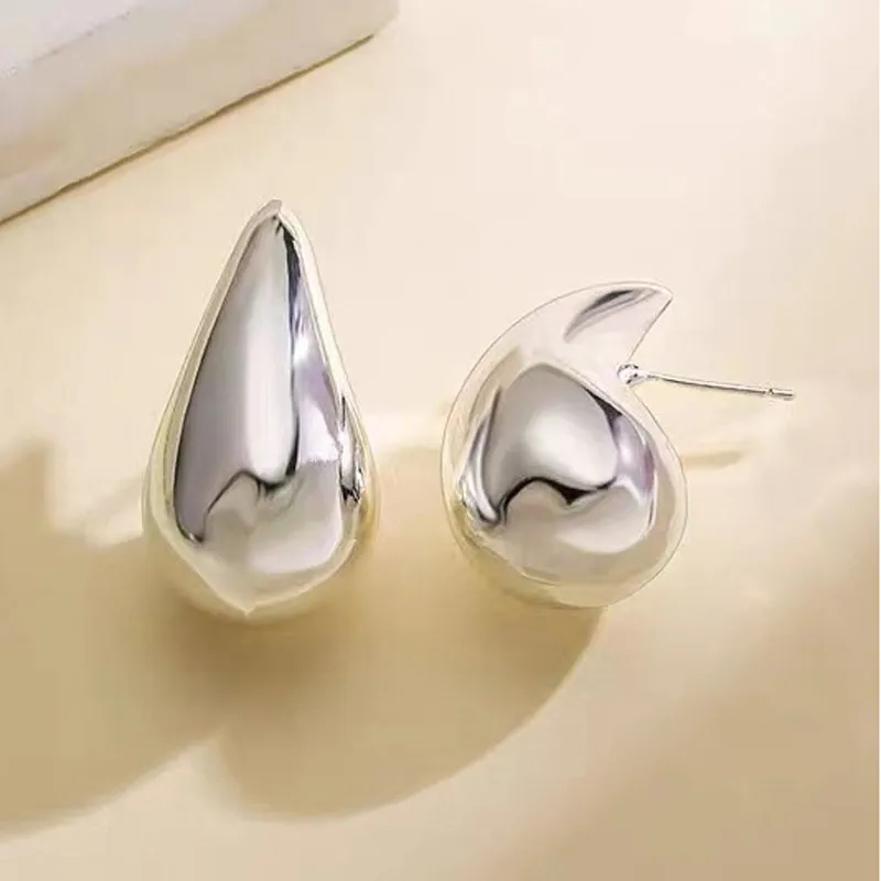 925 Sterling Silver 18K Gold Plated Chunky Dome Water Drop Earring for Women Vintage Glossy Thick Teardrop Hoop Earrings Jewelry