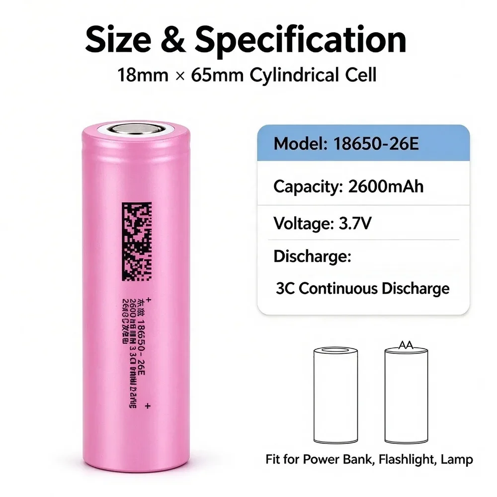 1-20PCS INR18650-26E 2600mAh 3.7V Li-ion Rechargeable Battery Power Cell for Flashlight,Headlamp,Speaker,Electric Tools