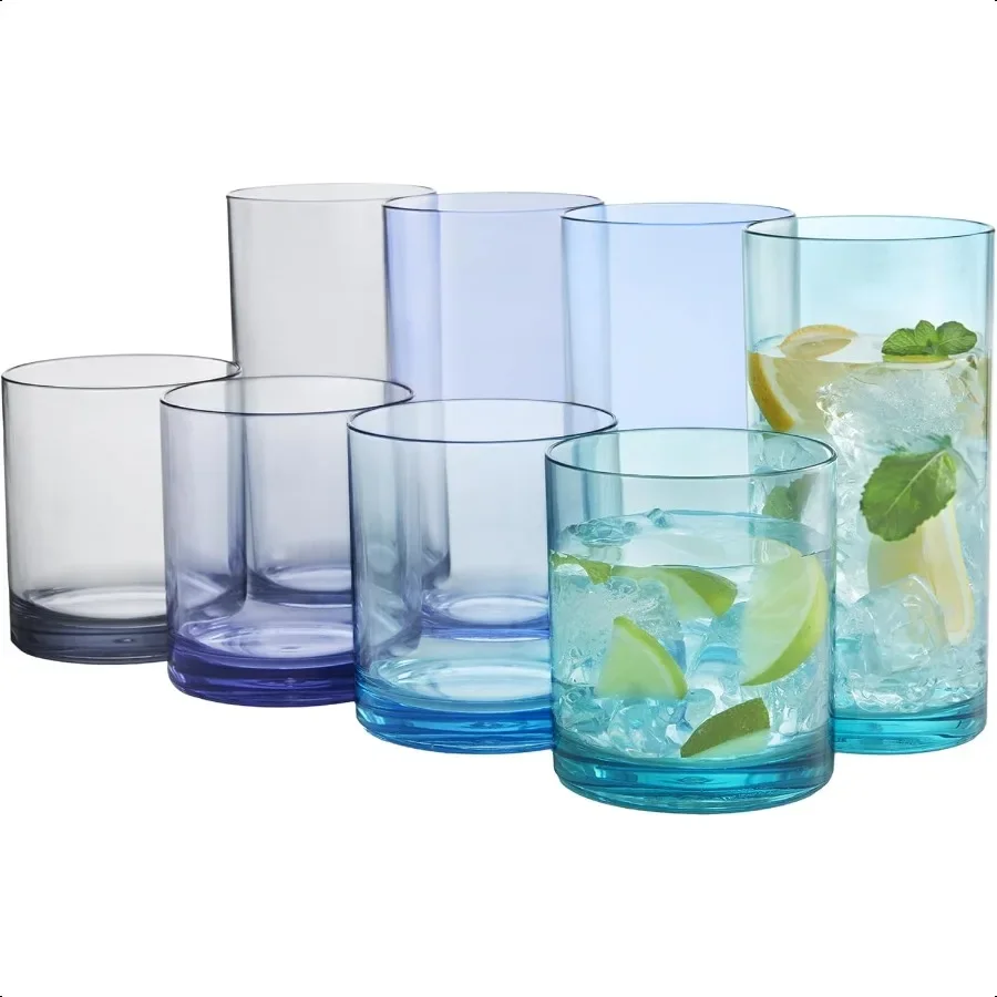 

Classic Plastic Reusable Drinking Glasses Set of 8 12oz Rocks 16oz Water Cups in Coastal Colors BPAFree Tumblers Made in USA To