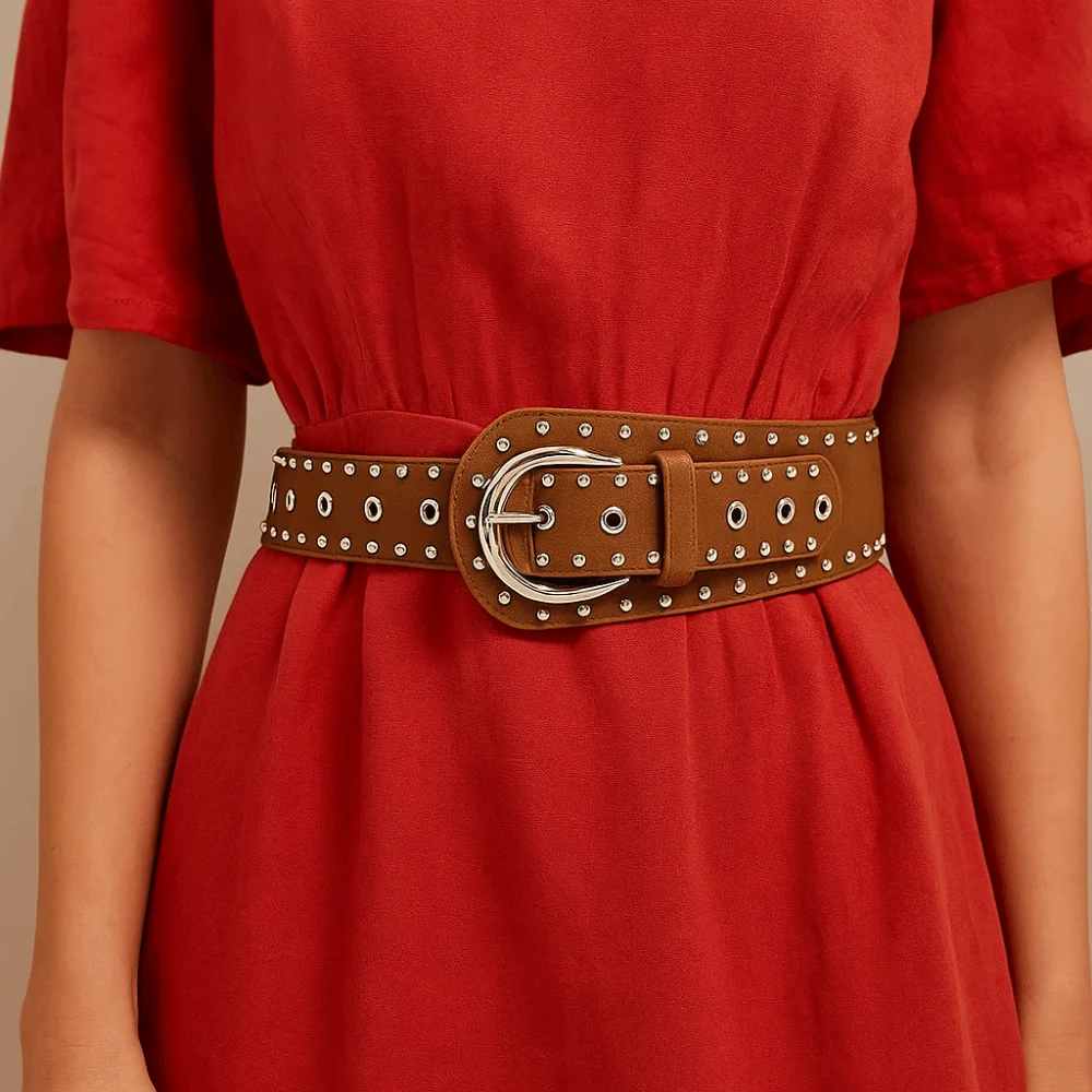 Retro Vintage Rivet Leather Belt Studded Design PU Leather Women's Waist Belt Chic Y2k Dress Jeans Waistband Female
